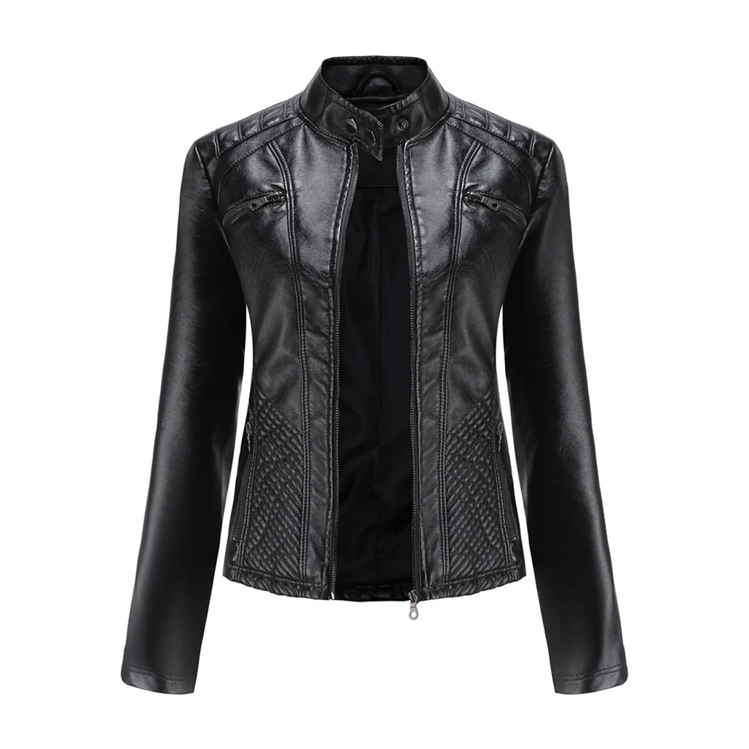 Damen Bikerjacke mit Hohem Kragen - Reißverschluss mit Gesteppten Details