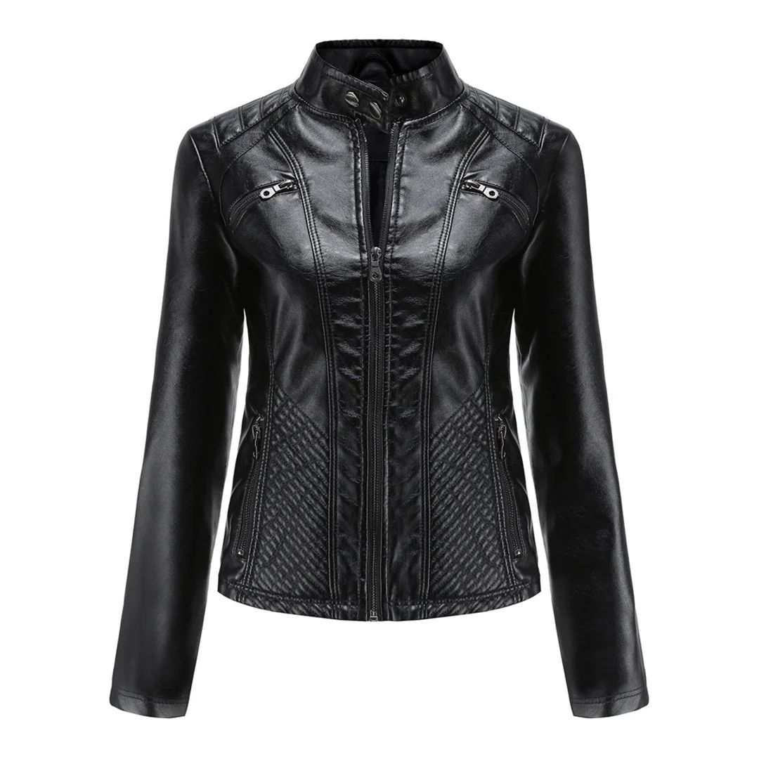Damen Bikerjacke mit Hohem Kragen - Reißverschluss mit Gesteppten Details - Image 10