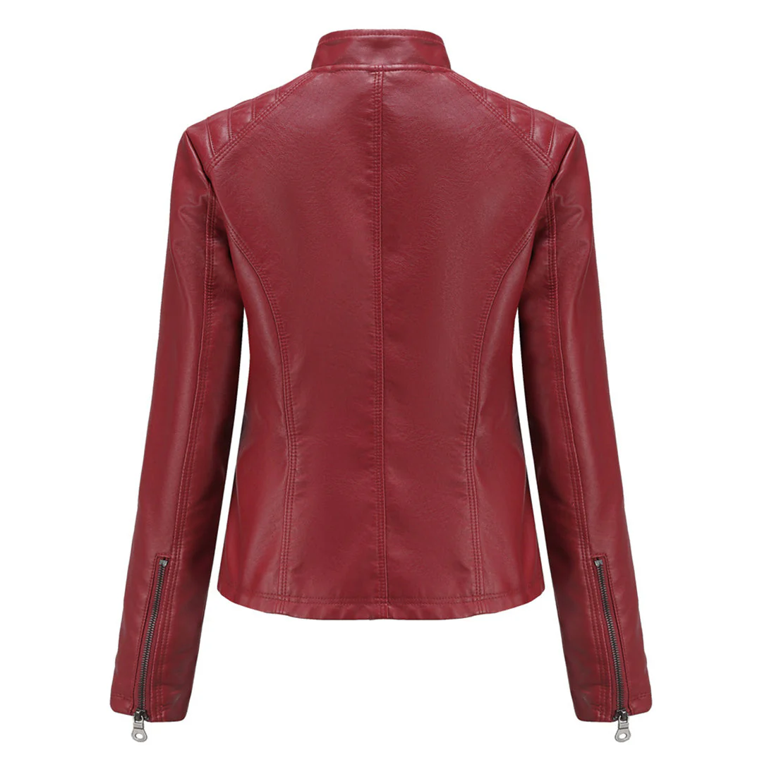 Damen Bikerjacke mit Hohem Kragen - Reißverschluss mit Gesteppten Details - Image 2