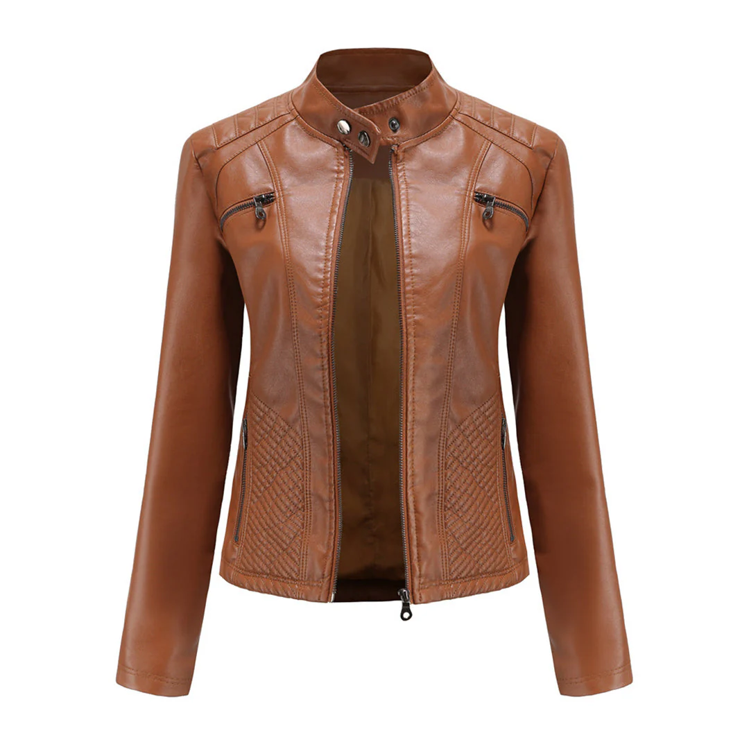 Damen Bikerjacke mit Hohem Kragen - Reißverschluss mit Gesteppten Details - Image 3