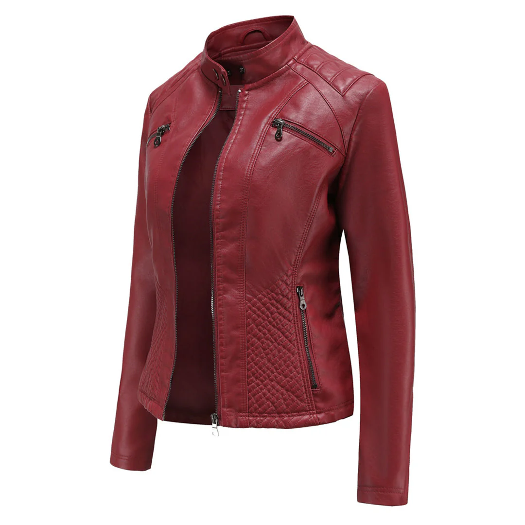 Damen Bikerjacke mit Hohem Kragen - Reißverschluss mit Gesteppten Details - Image 4