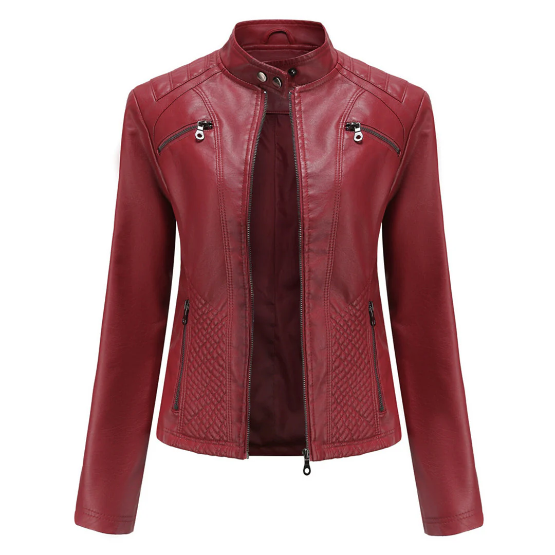 Damen Bikerjacke mit Hohem Kragen - Reißverschluss mit Gesteppten Details - Image 5