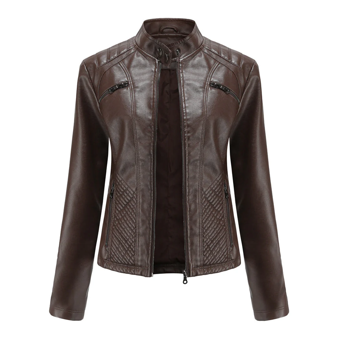 Damen Bikerjacke mit Hohem Kragen - Reißverschluss mit Gesteppten Details - Image 6