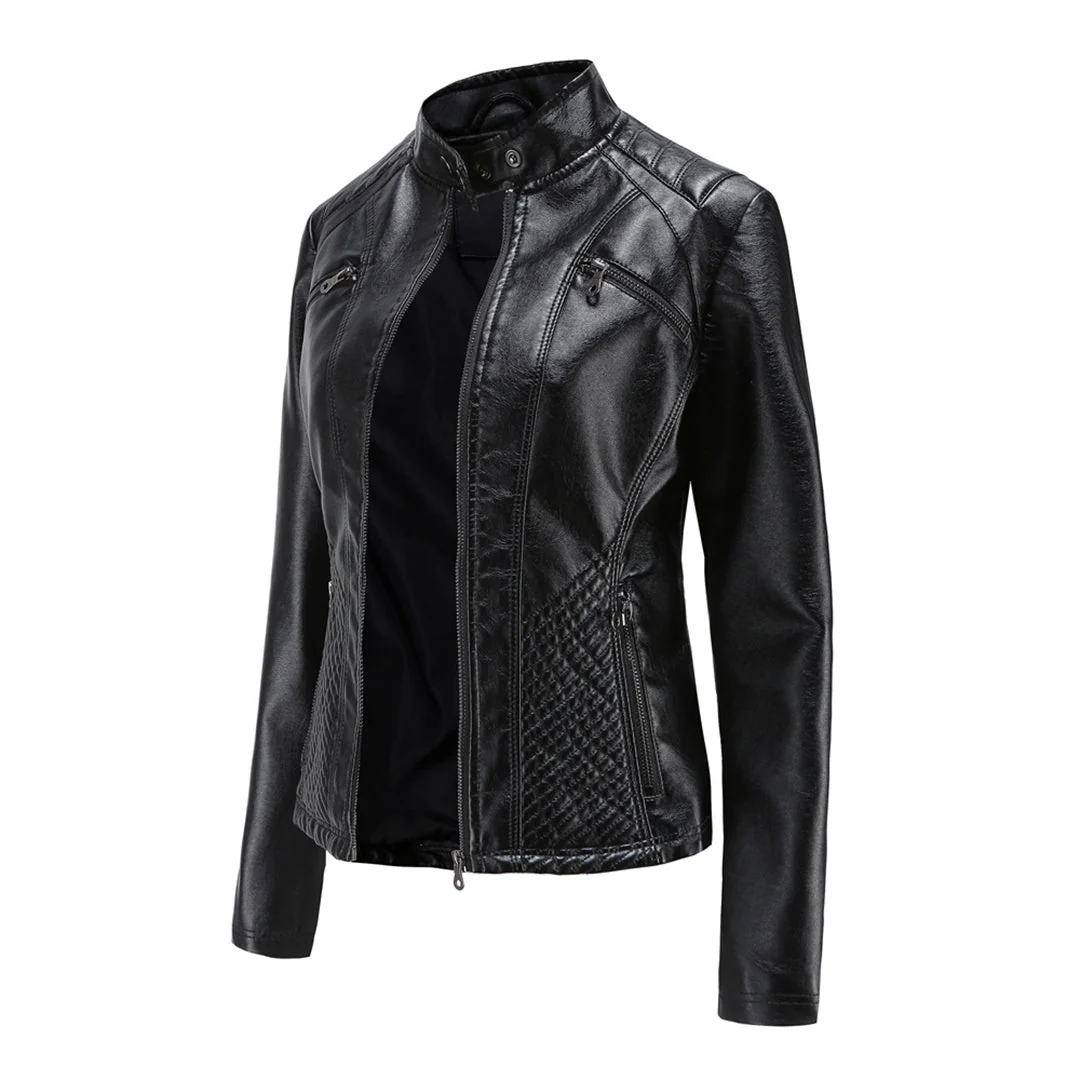 Damen Bikerjacke mit Hohem Kragen - Reißverschluss mit Gesteppten Details - Image 7
