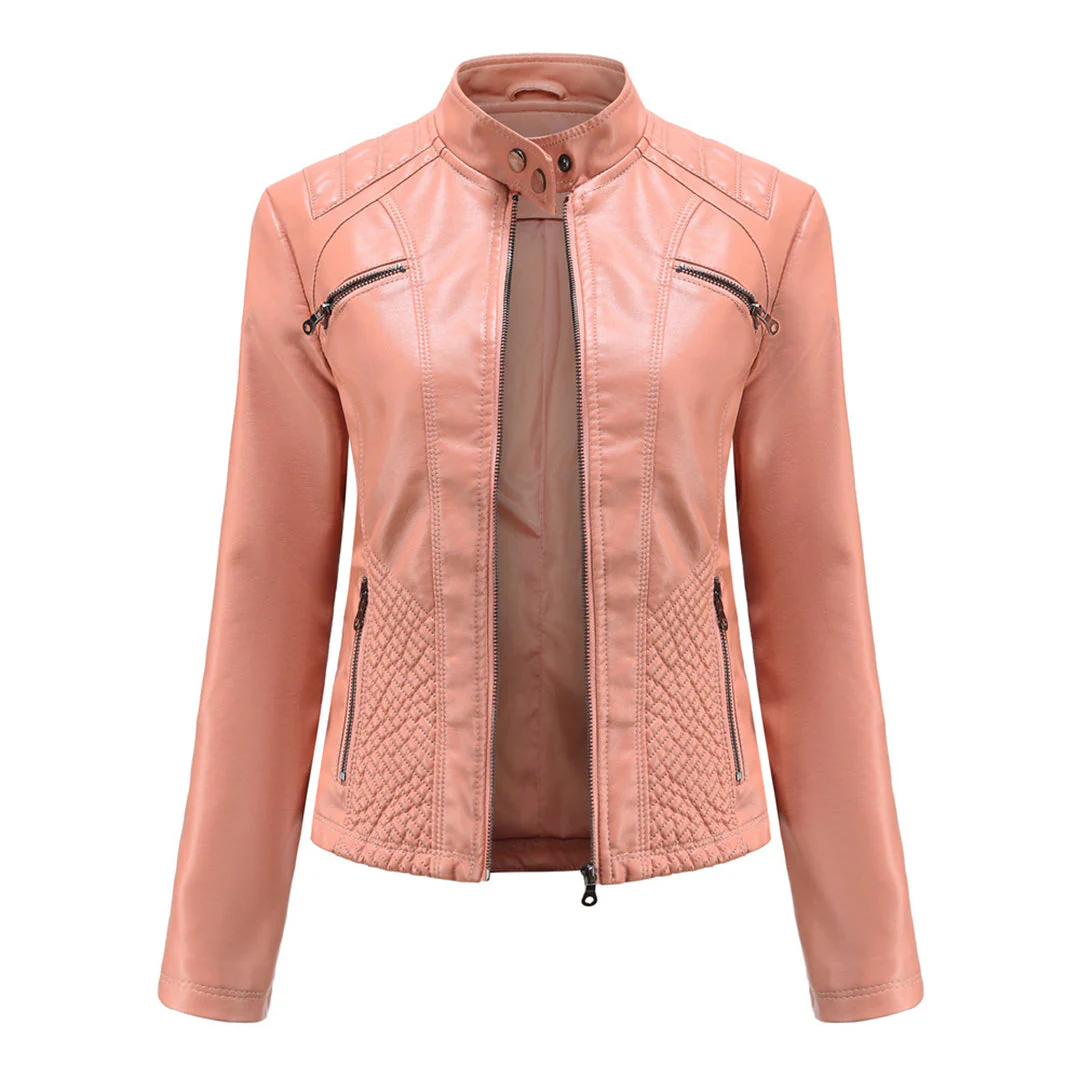Damen Bikerjacke mit Hohem Kragen - Reißverschluss mit Gesteppten Details - Image 8