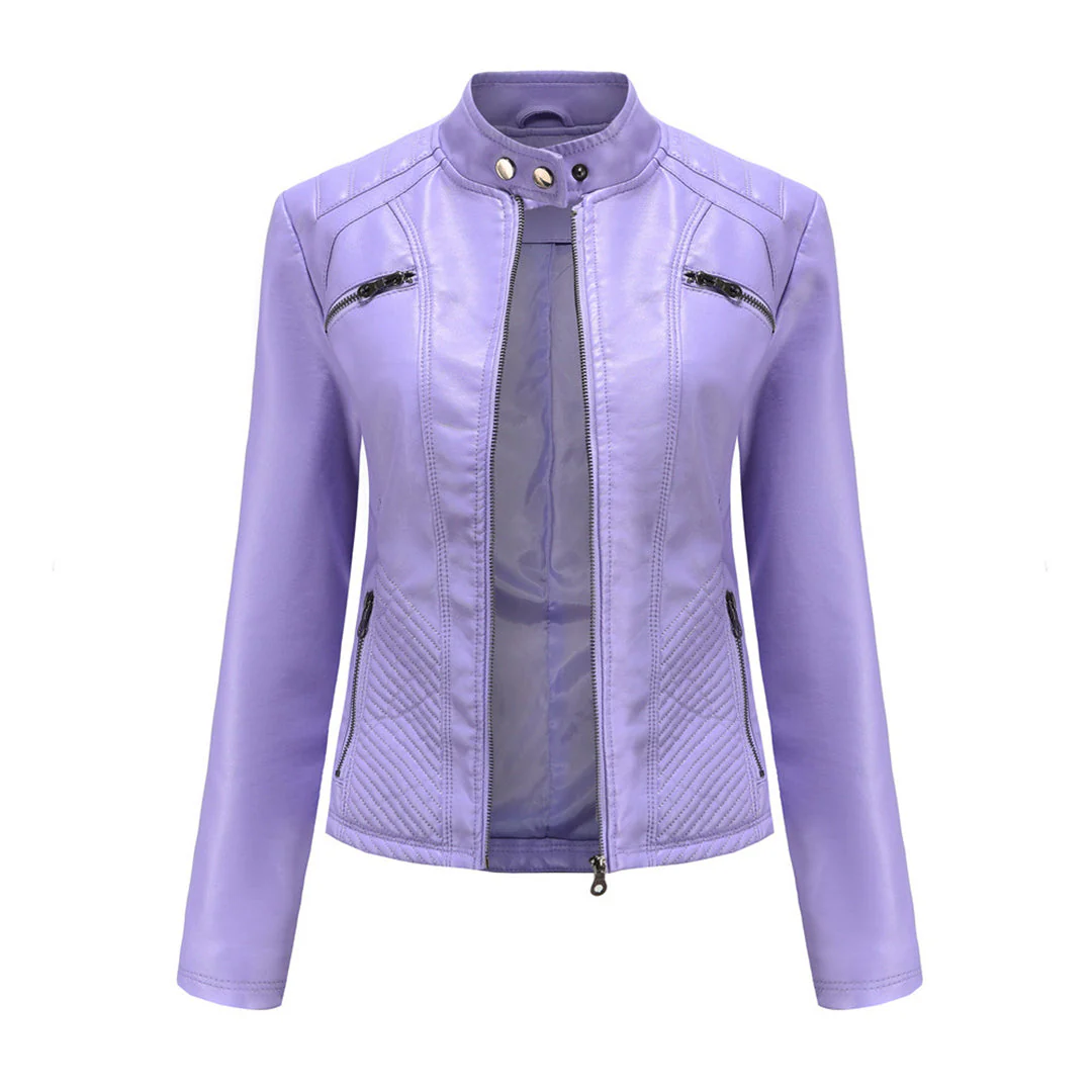 Damen Bikerjacke mit Hohem Kragen - Reißverschluss mit Gesteppten Details - Image 9