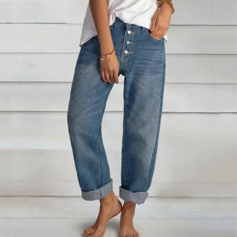 Damen Blaue Weite Jeans - Hohe Taille & Multi-Knopf