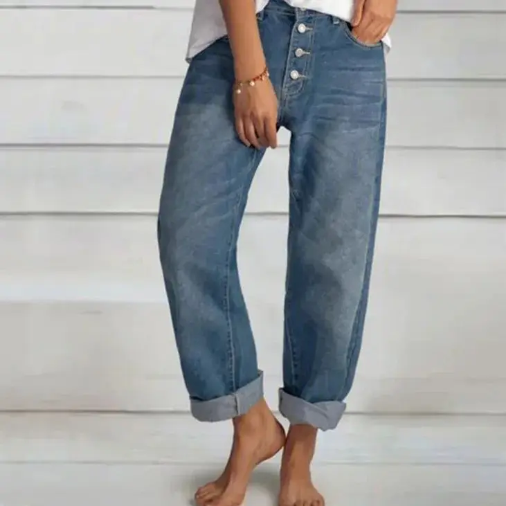 Damen Blaue Weite Jeans - Hohe Taille & Multi-Knopf - Image 2