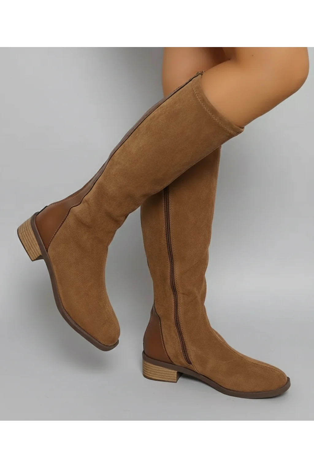 Damen Braune Kniehohe Stiefel - Blockabsatz mit Reißverschluss - Image 2
