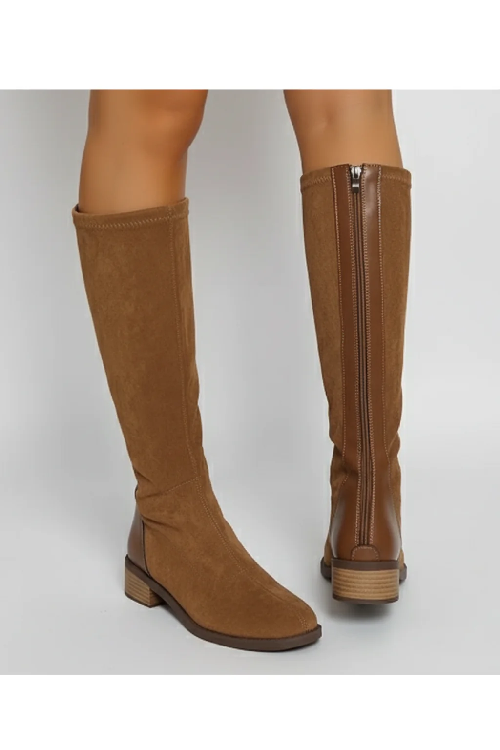 Damen Braune Kniehohe Stiefel - Blockabsatz mit Reißverschluss - Image 3