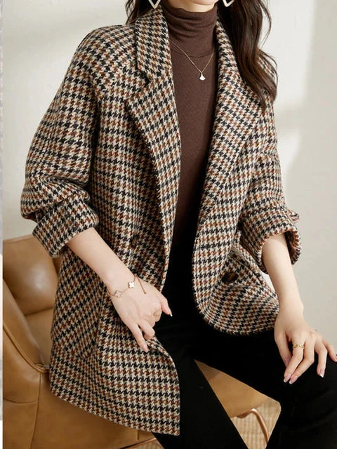 Damen Brauner Karierter Blazer - Taillierte Passform mit Reverskragen