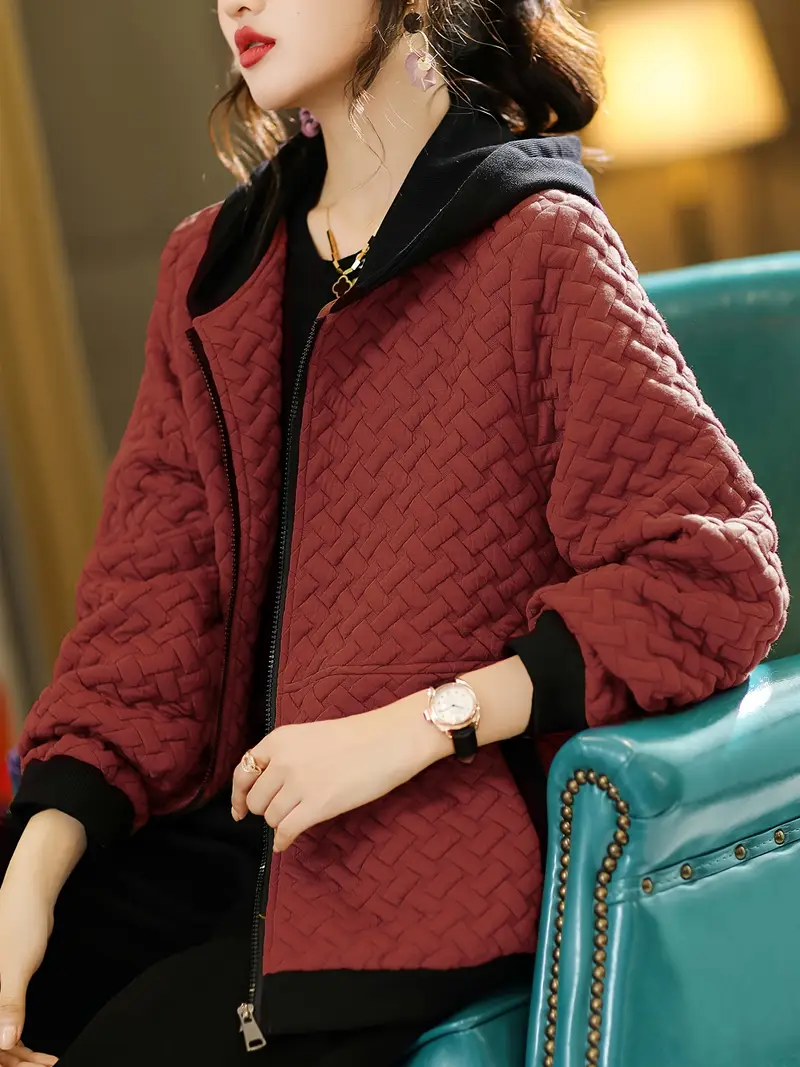 Damen Gesteppter Hoodie - Reißverschluss mit Korbmuster-Design - Image 8
