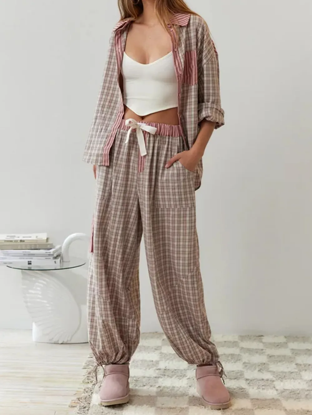Damen Gestreiftes Pyjama-Set mit Karomuster - Hemd & Hose - Image 3