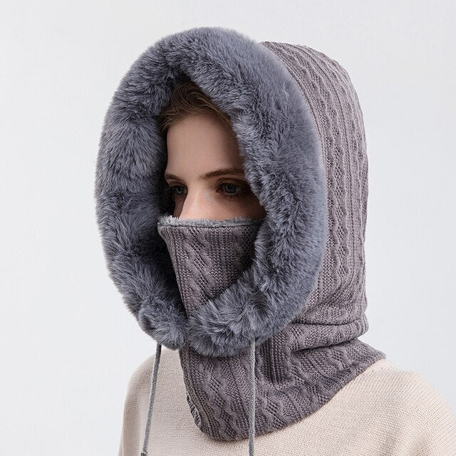 Damen Gestrickte Balaclava Mütze - Hoodie & Plüschbesatz - Image 7