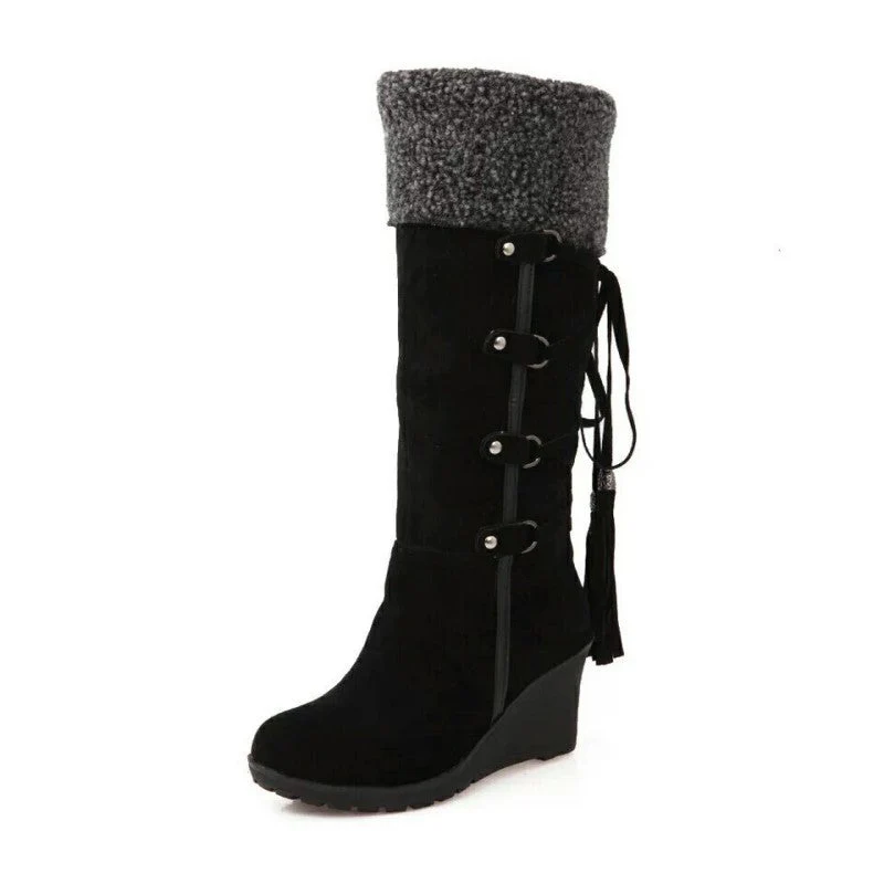 Damen Keilabsatz Kniehohe Stiefel - Quasten-Detail - Image 4
