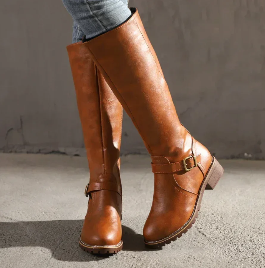 Damen Kniehohe Stiefel - Schnalle & Niedriger Blockabsatz