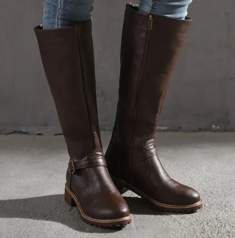 Damen Kniehohe Stiefel - Schnalle & Niedriger Blockabsatz - Image 2