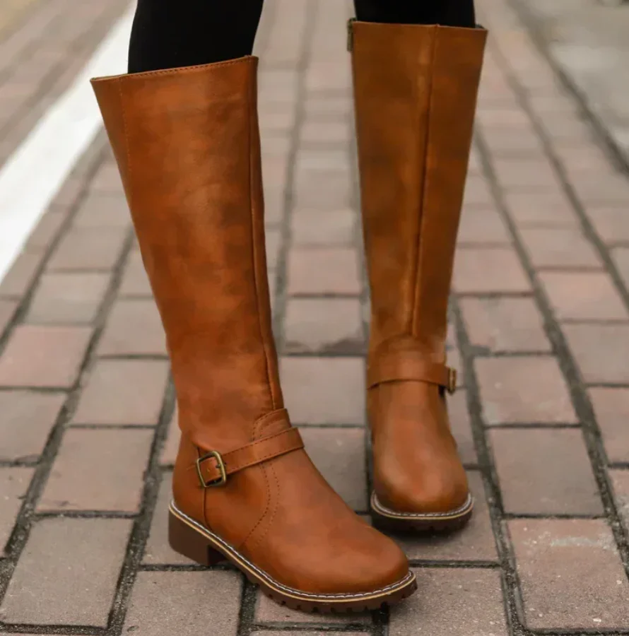 Damen Kniehohe Stiefel - Schnalle & Niedriger Blockabsatz - Image 3
