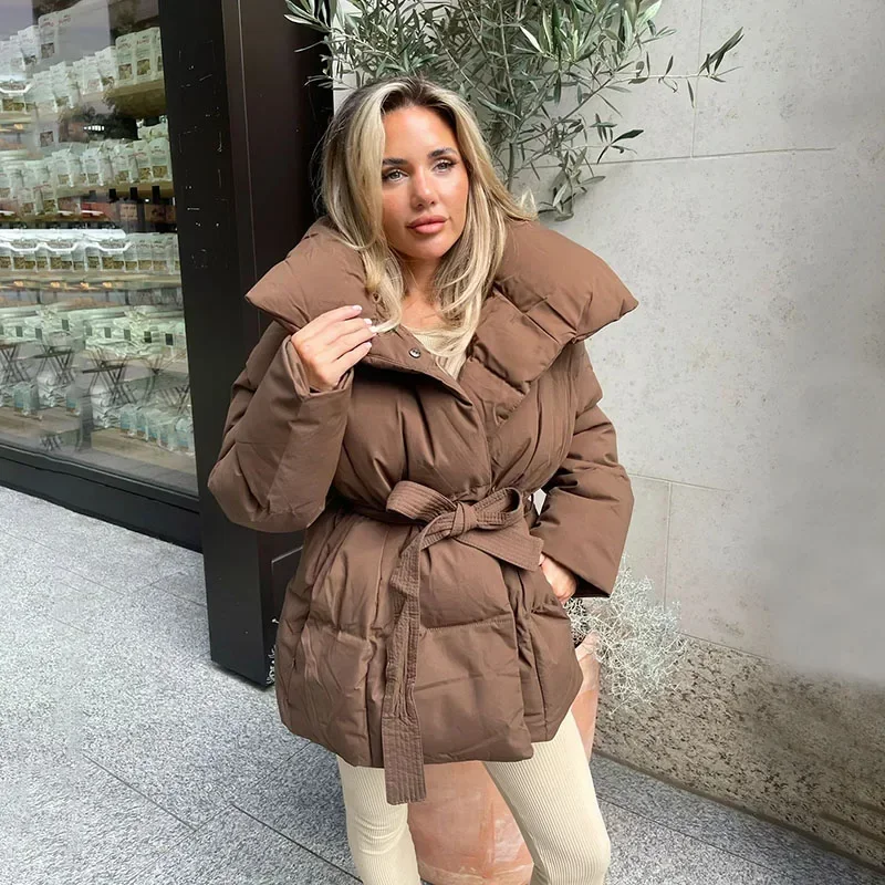 Damen Kurz Pufferjacke - Stehkragen Bindegürtel