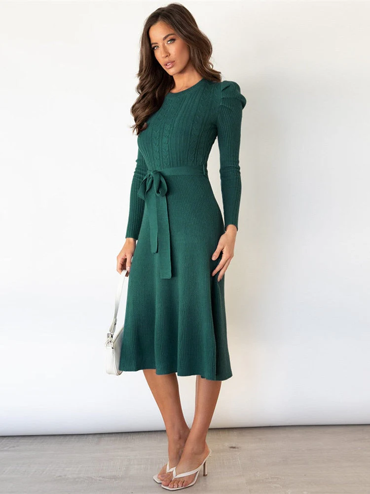 Damen Langarm Gestricktes Jumper-Kleid - A-Linie & Mit Gürtel - Image 4