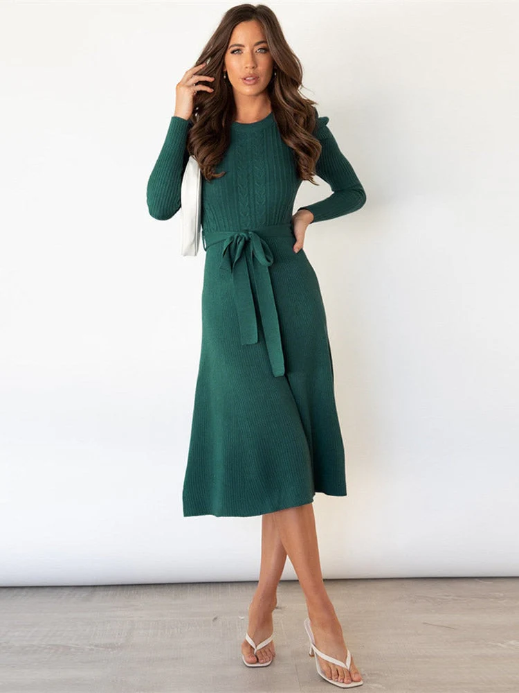 Damen Langarm Gestricktes Jumper-Kleid - A-Linie & Mit Gürtel - Image 9