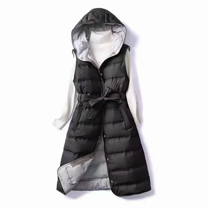 Damen Lange Puffer Gilet - Gürtel & Kapuze
