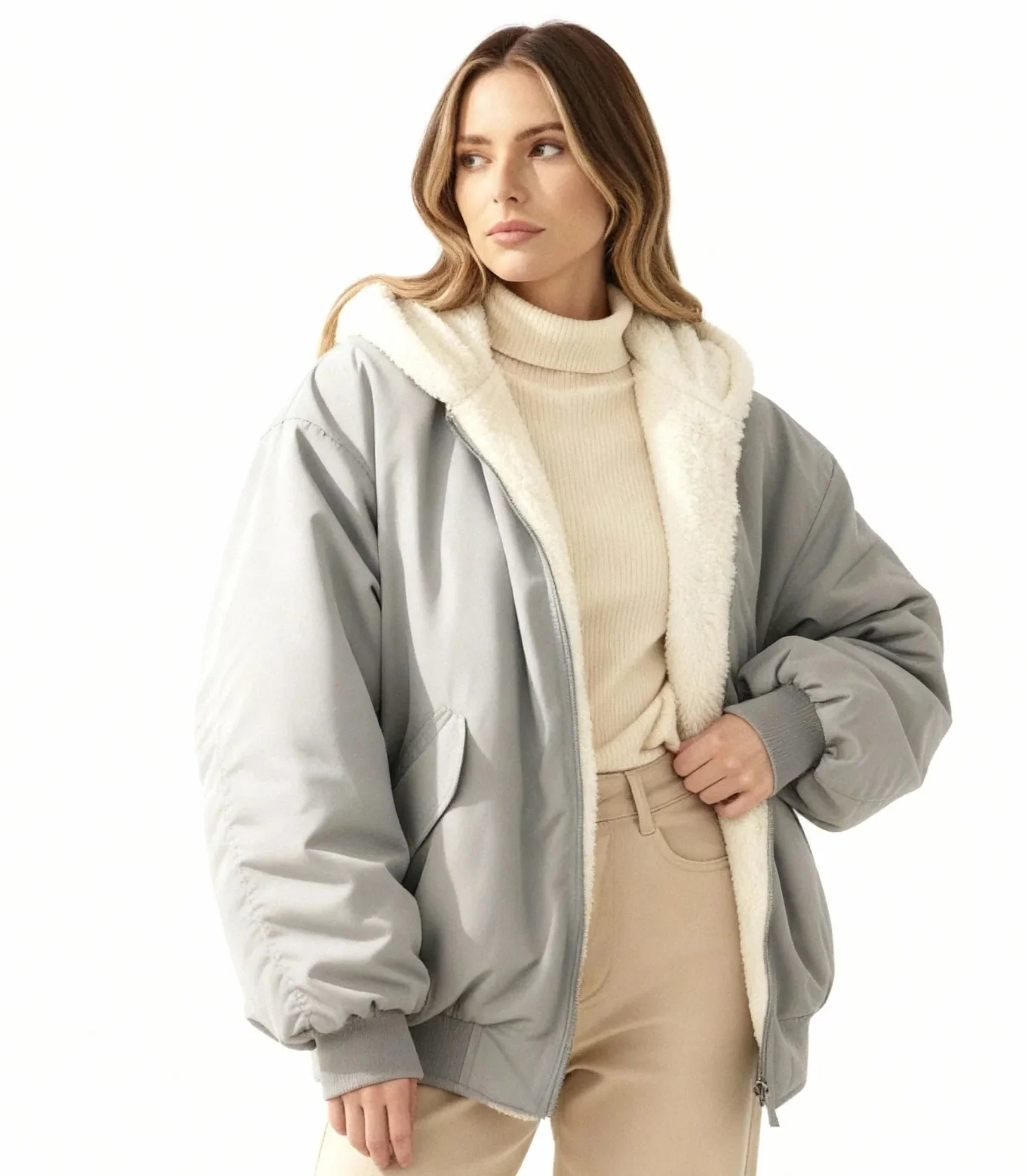 Damen Oversized Winterjacke - Wendbar mit Kapuze