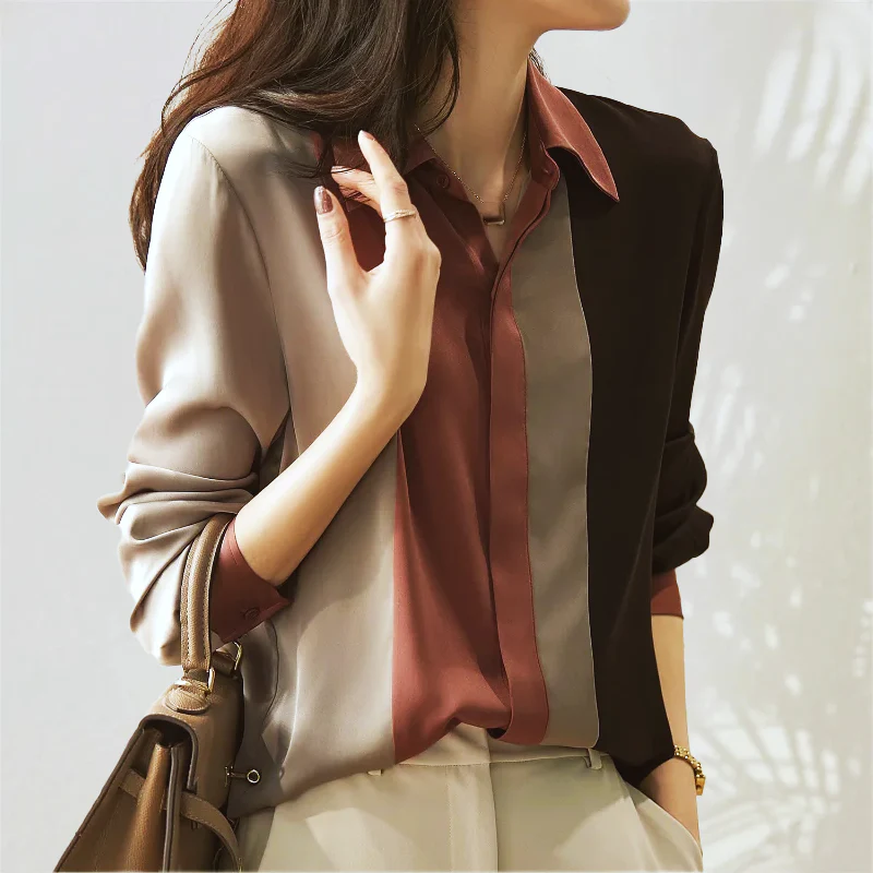 Damen Satinbluse - Color-Block Lässige Passform - Image 2