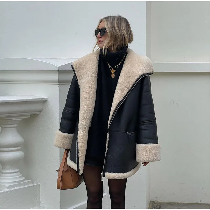 Damen Schwarz Wendbar Winterjacke - Hoher Kragen Warm