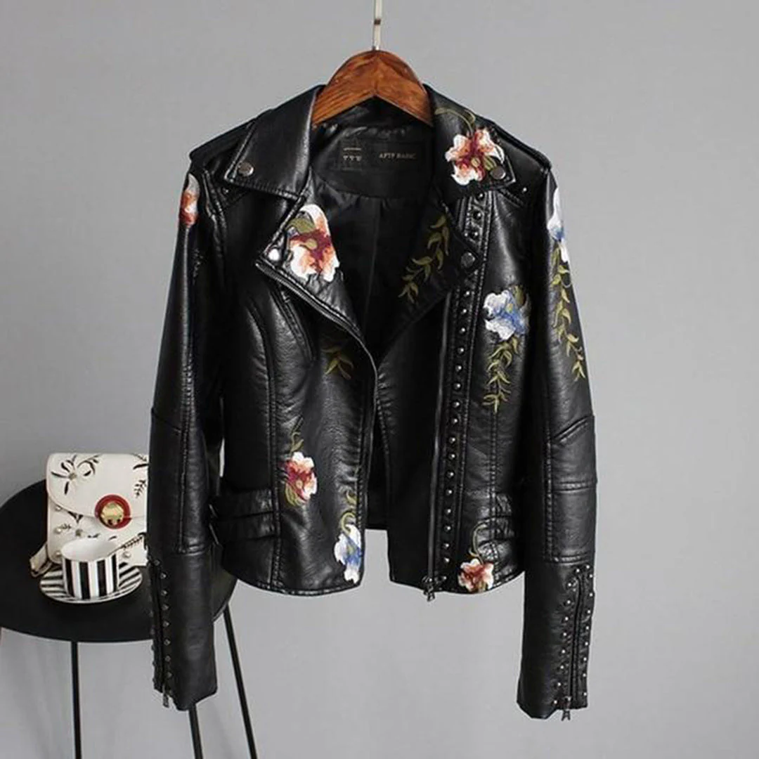 Damen Schwarze Jacke im Blumigen Moto-Stil - Bestickte Oberbekleidung