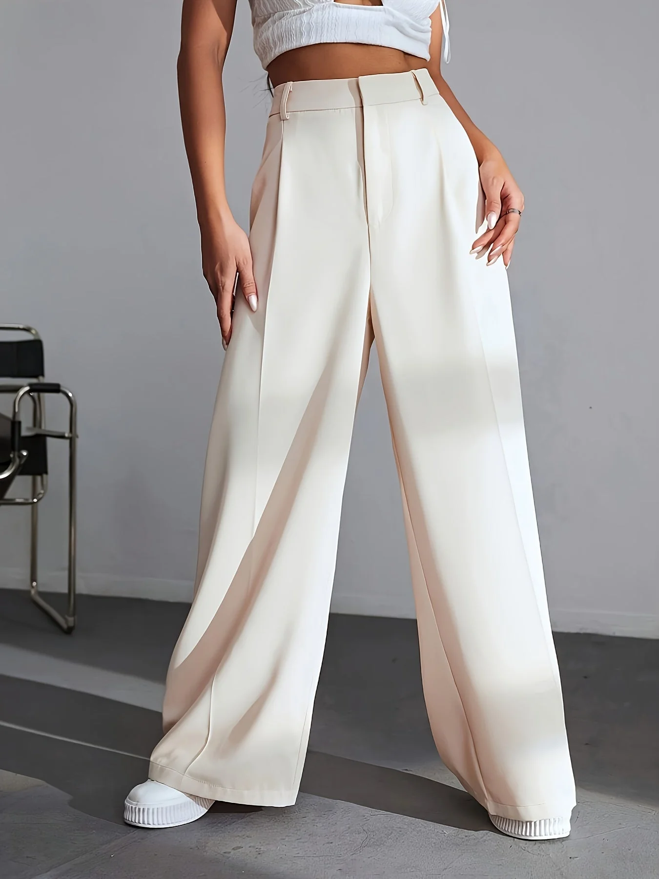 Damen Weiße Weites Bein Arbeitshose - High-Waisted & Fließend