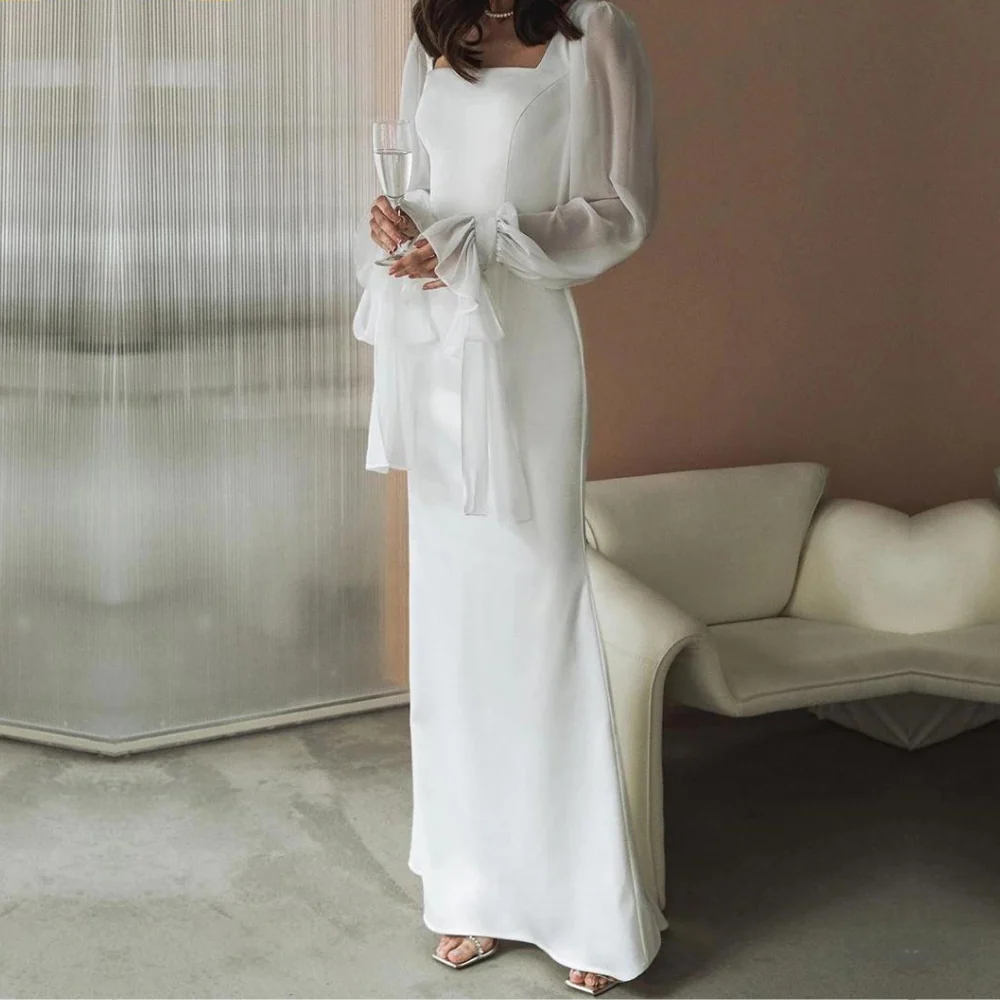 Damen Weißes Maxi Hochzeitskleid - Organza Ärmel mit Quadratischem Ausschnitt - Image 2