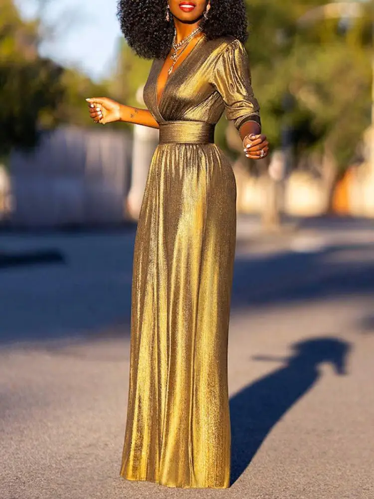 Damen Weites Bein Jumpsuit - Tiefer V-Ausschnitt und Langer Ärmel - Image 2