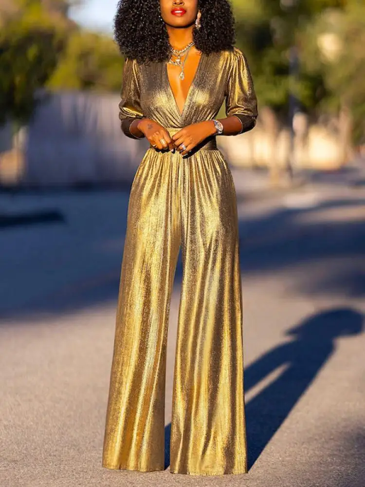 Damen Weites Bein Jumpsuit - Tiefer V-Ausschnitt und Langer Ärmel - Image 4