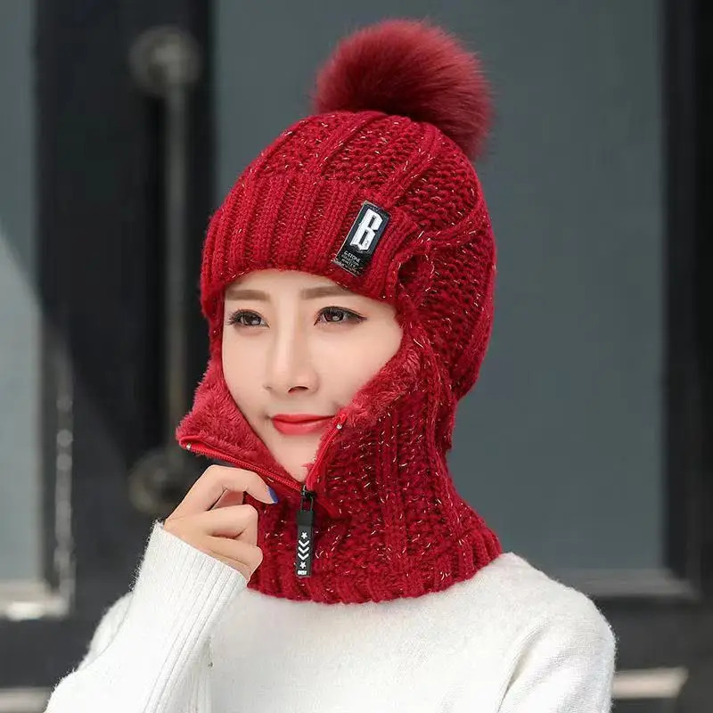 Damen Winter Balaclava Beanie - Strickmütze mit Reißverschluss und Bommel