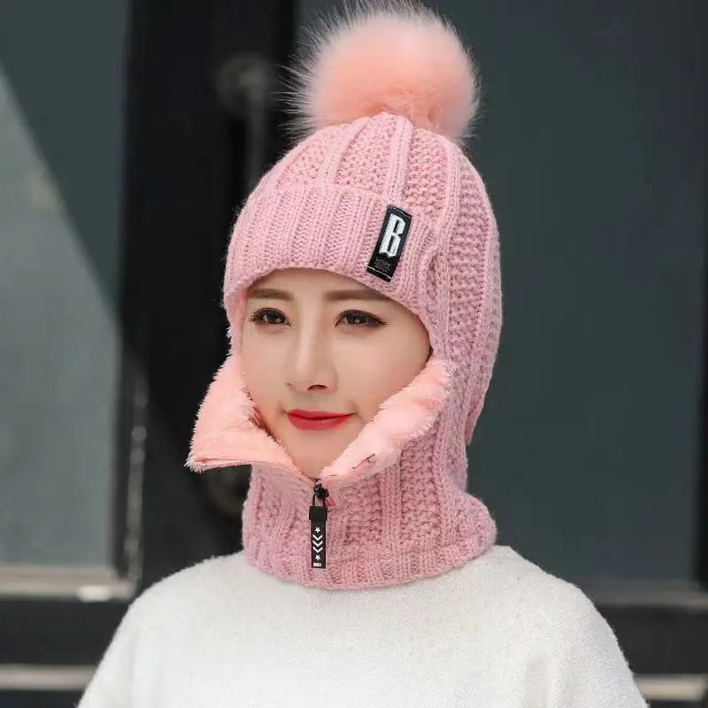 Damen Winter Balaclava Beanie - Strickmütze mit Reißverschluss und Bommel - Image 2