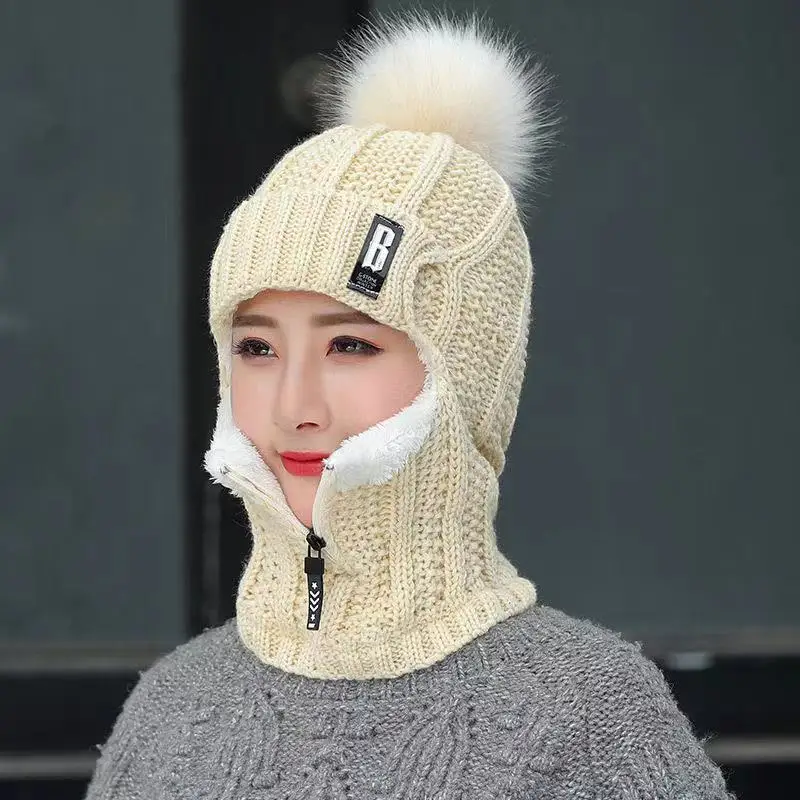 Damen Winter Balaclava Beanie - Strickmütze mit Reißverschluss und Bommel - Image 3