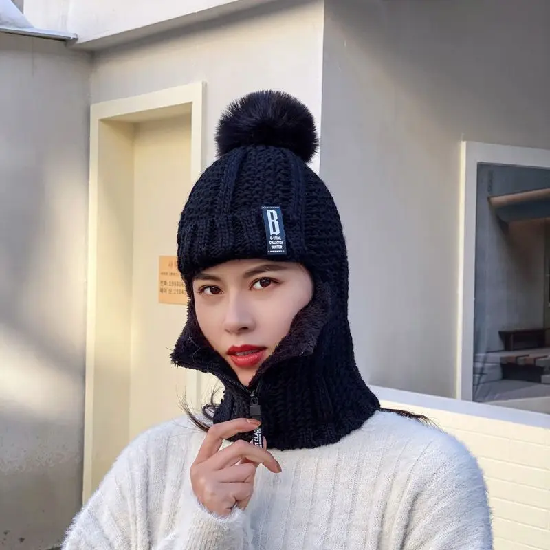 Damen Winter Balaclava Beanie - Strickmütze mit Reißverschluss und Bommel - Image 5