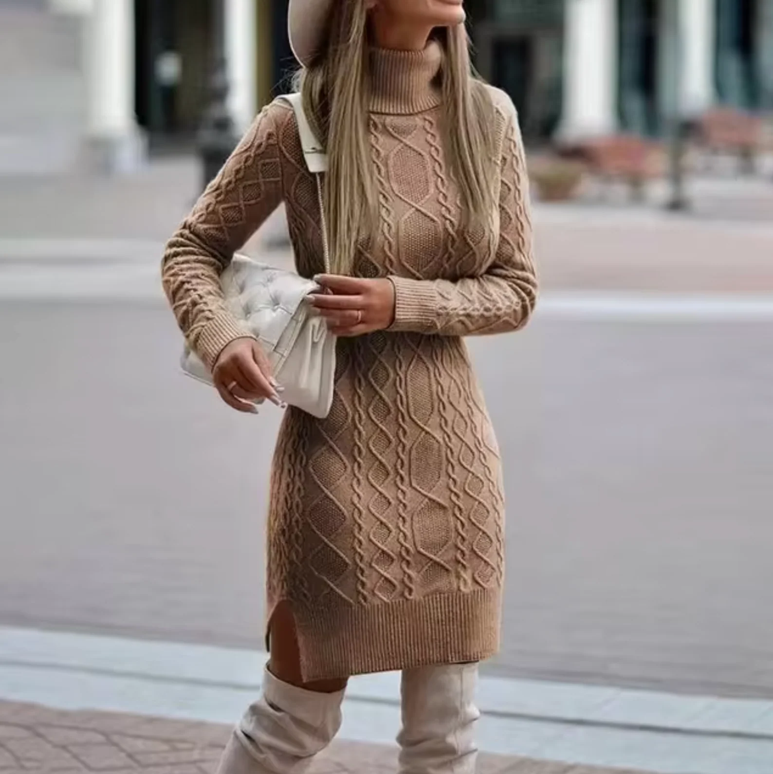 Damen Zopfstrick Pulloverkleid - Langärmelig & Rollkragen - Image 2