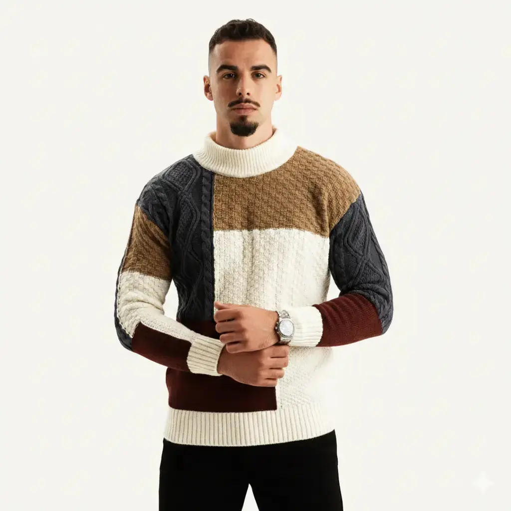 Herren Colorblock Pullover - Strukturierter Stehkragen-Strick