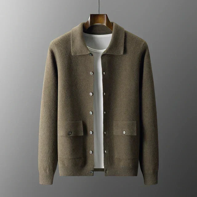 Herren Dicht Gestrickter Cardigan – Durchgehende Knopfleiste mit Pattentaschen