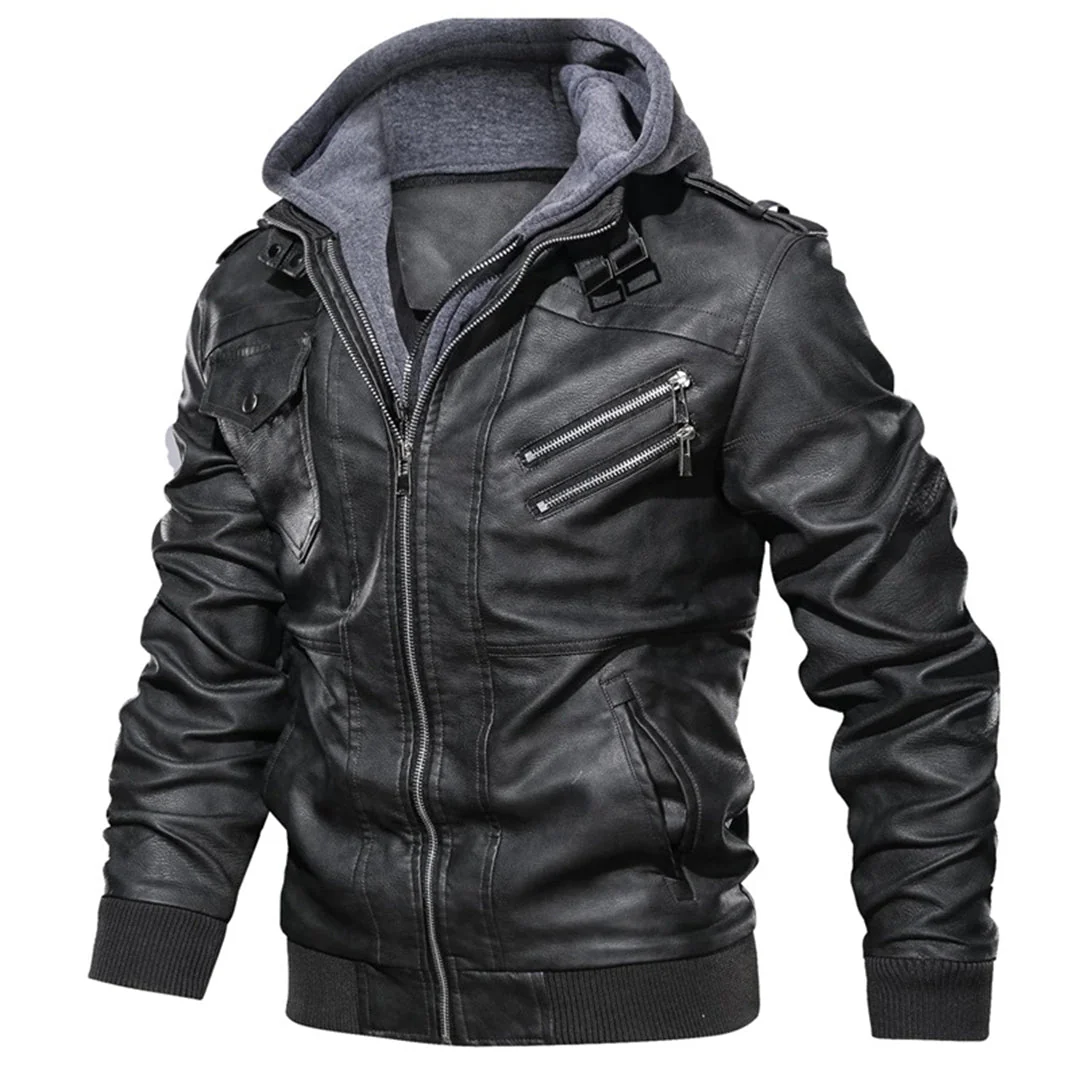 Herren Jacke im Moto-Stil mit Kapuze - Reißverschluss mit Hohem Kragen - Image 5