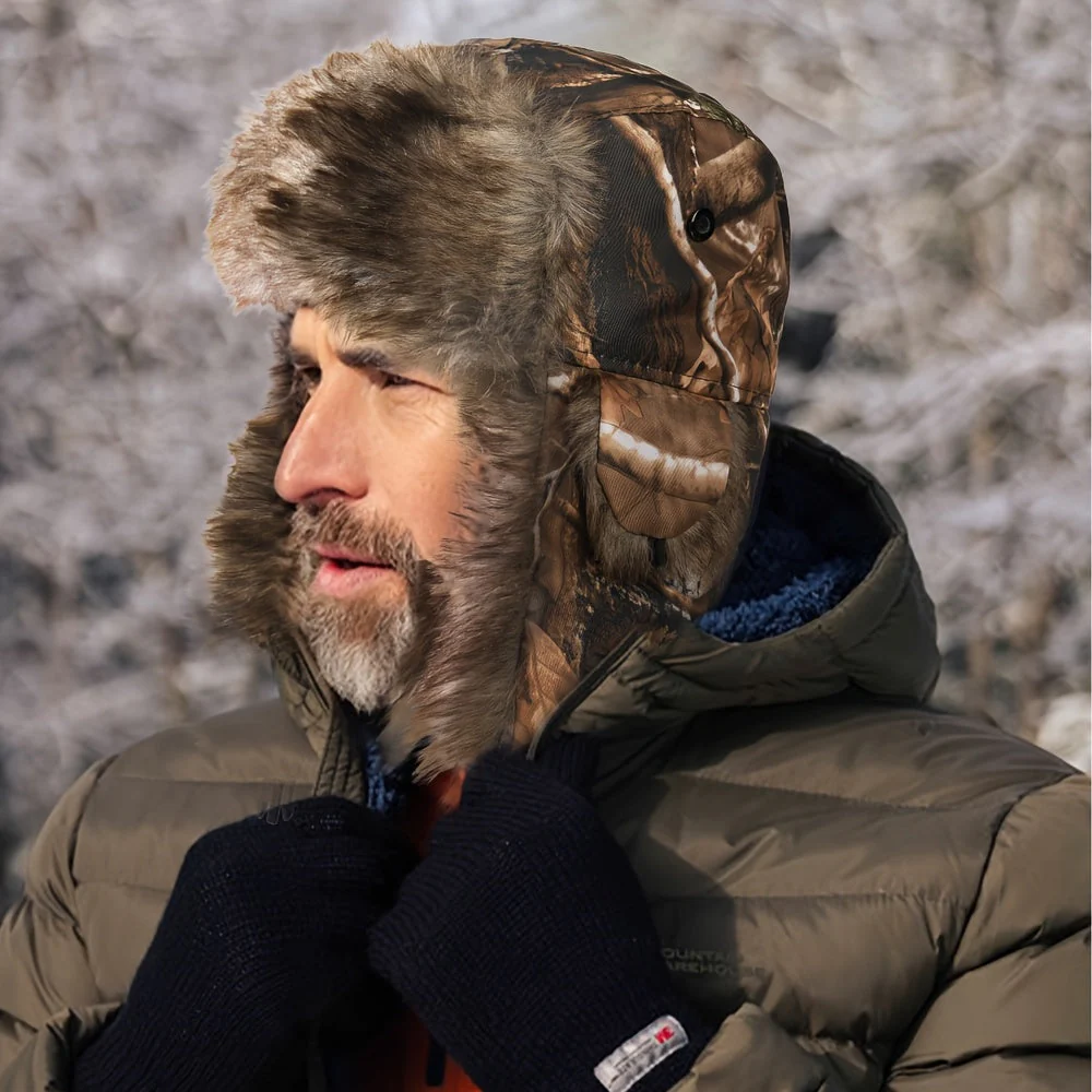 Unisex Camouflage Trapper-Mütze – Weich gefüttert mit elastischen Ohrenklappen