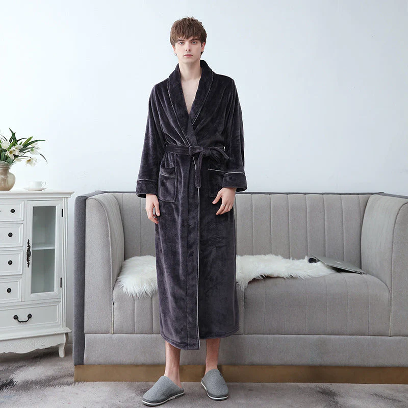 Unisex Schalkragen Morgenmantel - Langer Weicher Strukturierter Bademantel - Image 8